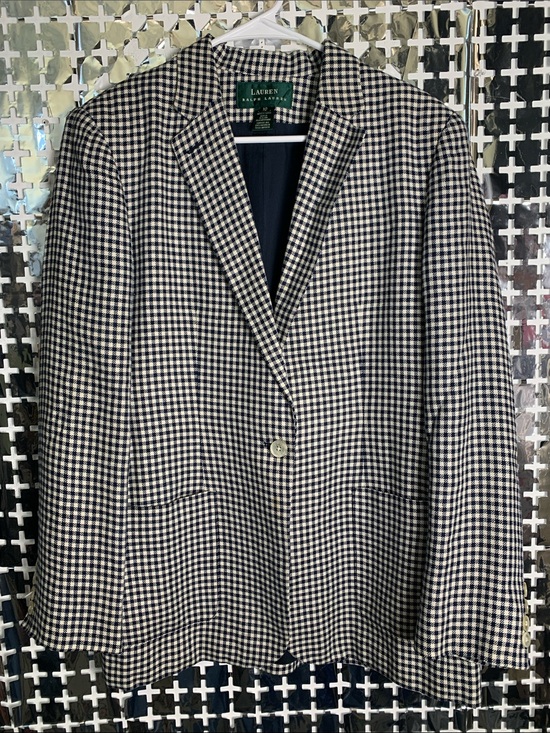 Lauren Ralph Lauren Jackets & Blazers - Lauren Ralph Lauren Navy & White Gingham Single-Button Blazer, 100% Linen